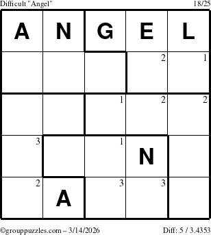 The grouppuzzles.com Difficult Angel puzzle for Saturday March 14, 2026 with the first 3 steps marked
