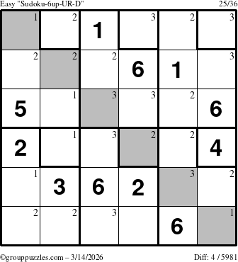 The grouppuzzles.com Easy Sudoku-6up-UR-D puzzle for Saturday March 14, 2026 with the first 3 steps marked