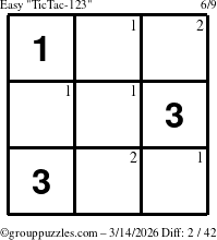 The grouppuzzles.com Easy TicTac-123 puzzle for Saturday March 14, 2026 with the first 2 steps marked
