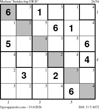 The grouppuzzles.com Medium Sudoku-6up-UR-D puzzle for Saturday March 14, 2026, suitable for printing, with all 5 steps marked