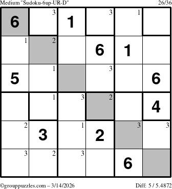 The grouppuzzles.com Medium Sudoku-6up-UR-D puzzle for Saturday March 14, 2026 with the first 3 steps marked