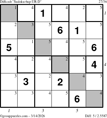 The grouppuzzles.com Difficult Sudoku-6up-UR-D puzzle for Saturday March 14, 2026 with all 5 steps marked