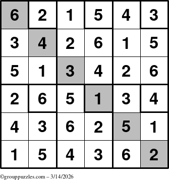The grouppuzzles.com Answer grid for the Sudoku-6up-UR-D puzzle for Saturday March 14, 2026