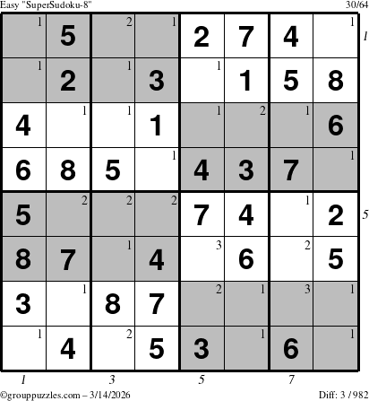 The grouppuzzles.com Easy SuperSudoku-8 puzzle for Saturday March 14, 2026, suitable for printing, with all 3 steps marked