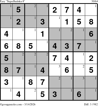 The grouppuzzles.com Easy SuperSudoku-8 puzzle for Saturday March 14, 2026 with the first 3 steps marked