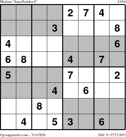 The grouppuzzles.com Medium SuperSudoku-8 puzzle for Saturday March 14, 2026