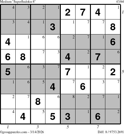 The grouppuzzles.com Medium SuperSudoku-8 puzzle for Saturday March 14, 2026, suitable for printing, with all 8 steps marked