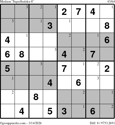 The grouppuzzles.com Medium SuperSudoku-8 puzzle for Saturday March 14, 2026 with the first 3 steps marked