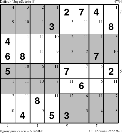 The grouppuzzles.com Difficult SuperSudoku-8 puzzle for Saturday March 14, 2026, suitable for printing, with all 12 steps marked