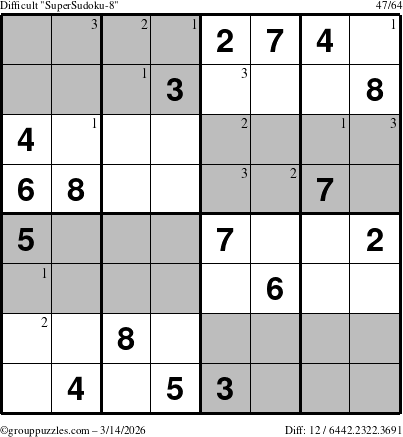 The grouppuzzles.com Difficult SuperSudoku-8 puzzle for Saturday March 14, 2026 with the first 3 steps marked