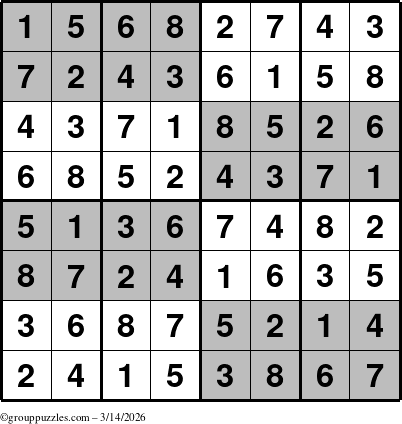 The grouppuzzles.com Answer grid for the SuperSudoku-8 puzzle for Saturday March 14, 2026