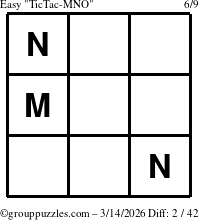 The grouppuzzles.com Easy TicTac-MNO puzzle for Saturday March 14, 2026