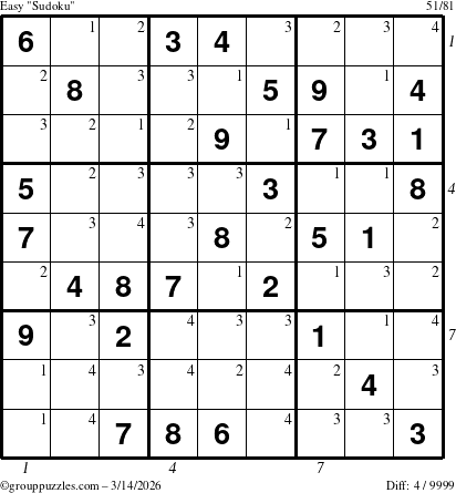 The grouppuzzles.com Easy Sudoku puzzle for Saturday March 14, 2026 with all 4 steps marked