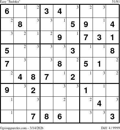 The grouppuzzles.com Easy Sudoku puzzle for Saturday March 14, 2026 with the first 3 steps marked