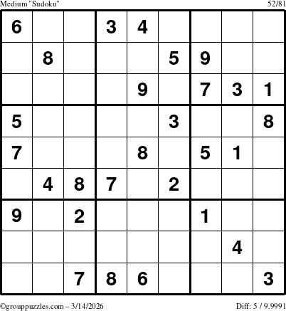 The grouppuzzles.com Medium Sudoku puzzle for Saturday March 14, 2026