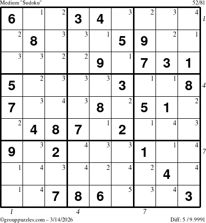 The grouppuzzles.com Medium Sudoku puzzle for Saturday March 14, 2026, suitable for printing, with all 5 steps marked