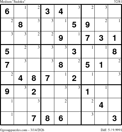 The grouppuzzles.com Medium Sudoku puzzle for Saturday March 14, 2026 with the first 3 steps marked