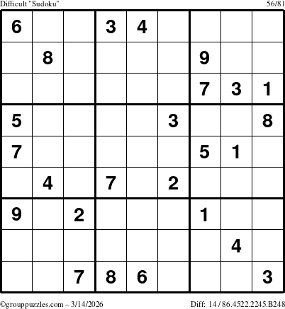 The grouppuzzles.com Difficult Sudoku puzzle for Saturday March 14, 2026