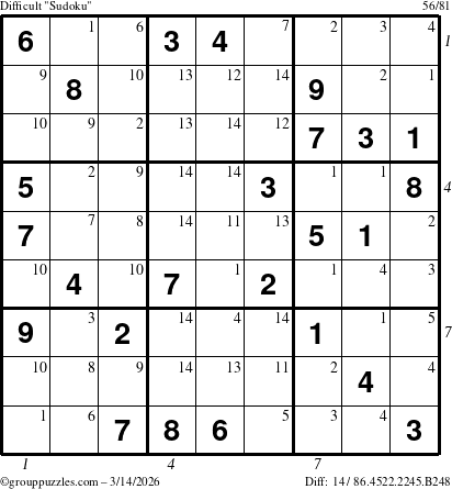 The grouppuzzles.com Difficult Sudoku puzzle for Saturday March 14, 2026, suitable for printing, with all 14 steps marked