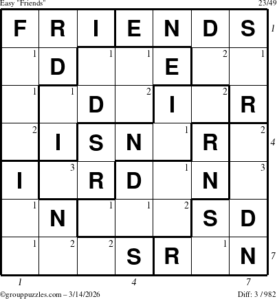 The grouppuzzles.com Easy Friends puzzle for Saturday March 14, 2026, suitable for printing, with all 3 steps marked