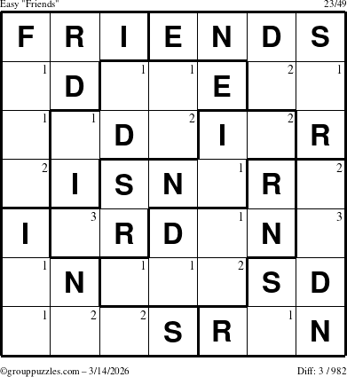 The grouppuzzles.com Easy Friends puzzle for Saturday March 14, 2026 with the first 3 steps marked