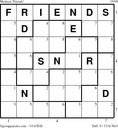 The grouppuzzles.com Medium Friends puzzle for Saturday March 14, 2026 with all 8 steps marked