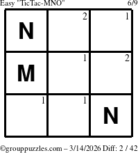 The grouppuzzles.com Easy TicTac-MNO puzzle for Saturday March 14, 2026 with the first 2 steps marked