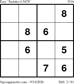 The grouppuzzles.com Easy Sudoku-4-5678 puzzle for Monday September 14, 2026
