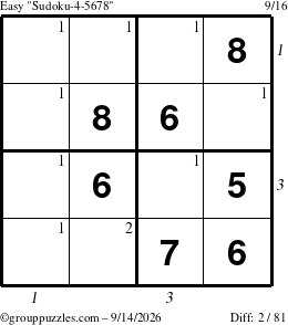 The grouppuzzles.com Easy Sudoku-4-5678 puzzle for Monday September 14, 2026, suitable for printing, with all 2 steps marked