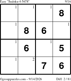 The grouppuzzles.com Easy Sudoku-4-5678 puzzle for Monday September 14, 2026 with the first 2 steps marked