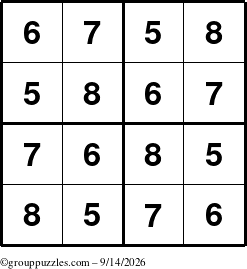 The grouppuzzles.com Answer grid for the Sudoku-4-5678 puzzle for Monday September 14, 2026