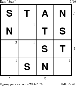 The grouppuzzles.com Easy Stan puzzle for Monday September 14, 2026 with all 2 steps marked