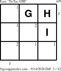 The grouppuzzles.com Easy TicTac-GHI puzzle for Monday September 14, 2026 with all 2 steps marked