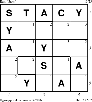 The grouppuzzles.com Easy Stacy puzzle for Monday September 14, 2026, suitable for printing, with all 3 steps marked