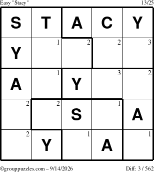 The grouppuzzles.com Easy Stacy puzzle for Monday September 14, 2026 with the first 3 steps marked