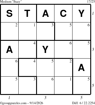 The grouppuzzles.com Medium Stacy puzzle for Monday September 14, 2026, suitable for printing, with all 6 steps marked