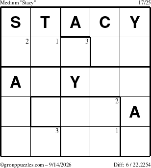 The grouppuzzles.com Medium Stacy puzzle for Monday September 14, 2026 with the first 3 steps marked