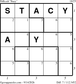 The grouppuzzles.com Difficult Stacy puzzle for Monday September 14, 2026, suitable for printing, with all 7 steps marked