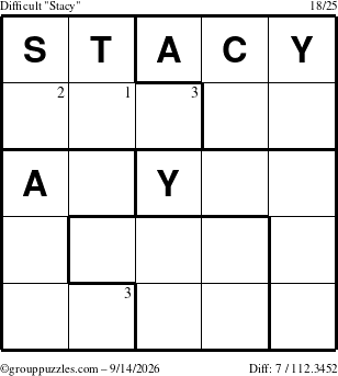 The grouppuzzles.com Difficult Stacy puzzle for Monday September 14, 2026 with the first 3 steps marked