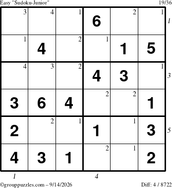 The grouppuzzles.com Easy Sudoku-Junior puzzle for Monday September 14, 2026 with all 4 steps marked