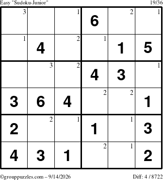 The grouppuzzles.com Easy Sudoku-Junior puzzle for Monday September 14, 2026 with the first 3 steps marked