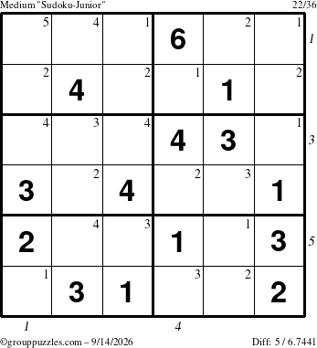 The grouppuzzles.com Medium Sudoku-Junior puzzle for Monday September 14, 2026, suitable for printing, with all 5 steps marked