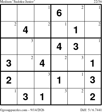 The grouppuzzles.com Medium Sudoku-Junior puzzle for Monday September 14, 2026 with the first 3 steps marked