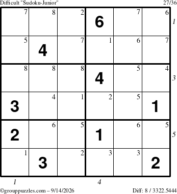 The grouppuzzles.com Difficult Sudoku-Junior puzzle for Monday September 14, 2026, suitable for printing, with all 8 steps marked