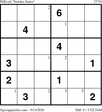 The grouppuzzles.com Difficult Sudoku-Junior puzzle for Monday September 14, 2026 with the first 3 steps marked