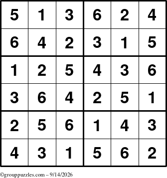 The grouppuzzles.com Answer grid for the Sudoku-Junior puzzle for Monday September 14, 2026