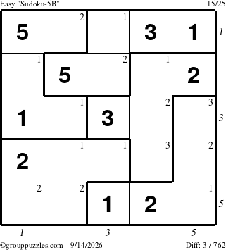 The grouppuzzles.com Easy Sudoku-5B puzzle for Monday September 14, 2026 with all 3 steps marked