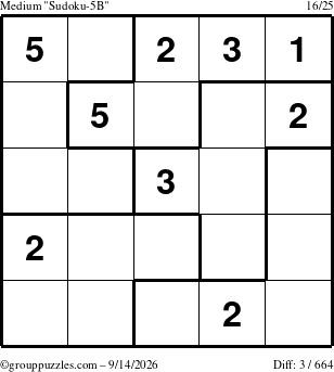 The grouppuzzles.com Medium Sudoku-5B puzzle for Monday September 14, 2026