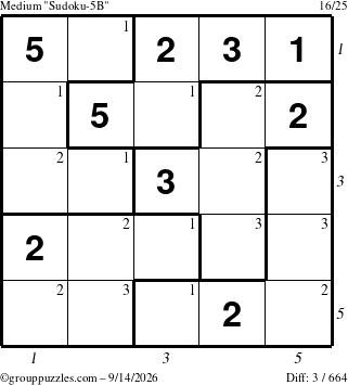 The grouppuzzles.com Medium Sudoku-5B puzzle for Monday September 14, 2026, suitable for printing, with all 3 steps marked