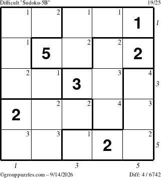 The grouppuzzles.com Difficult Sudoku-5B puzzle for Monday September 14, 2026 with all 4 steps marked